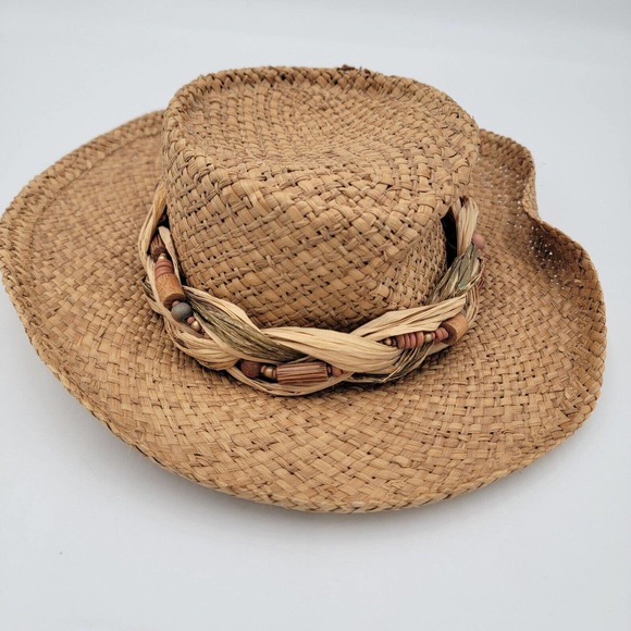 Cappelli Miami Florida Beige Vintage Wooven Straw Paper Sun Beach Hat Beads Knot - Picture 9 of 10